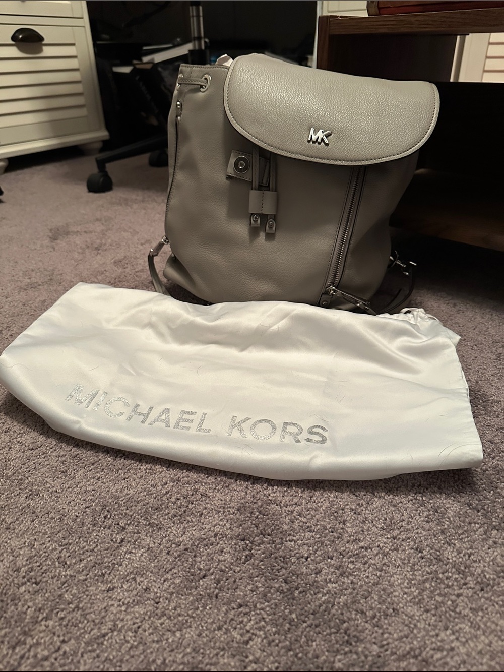Michael Kors Light Gray Pebbled Leather Drawstring Backpack